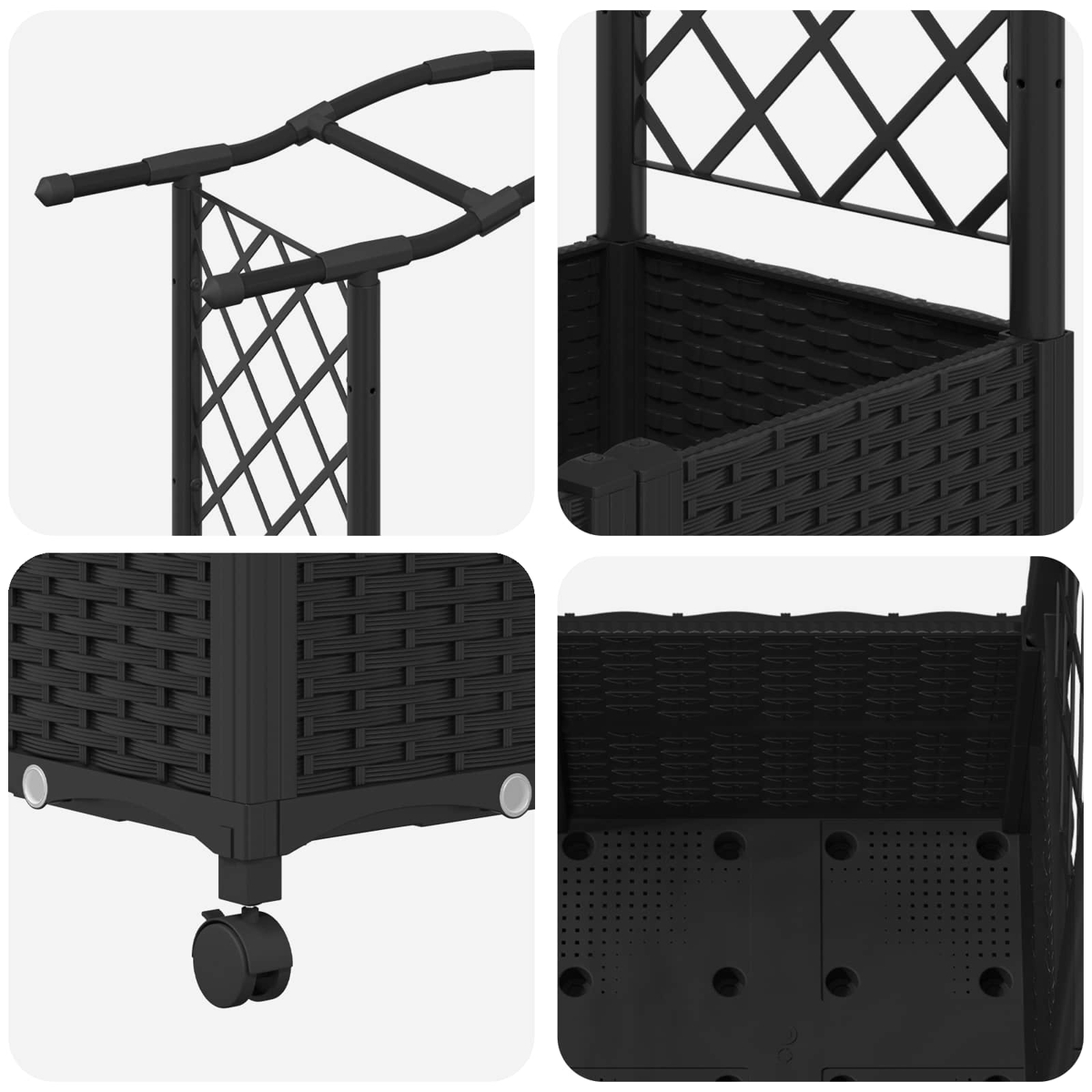 Vier Detailaufnahmen eines schwarzen Garten-Pflanzkübels mit Rollen, Rankgitter und Rattandesign auf hellem Hintergrund.