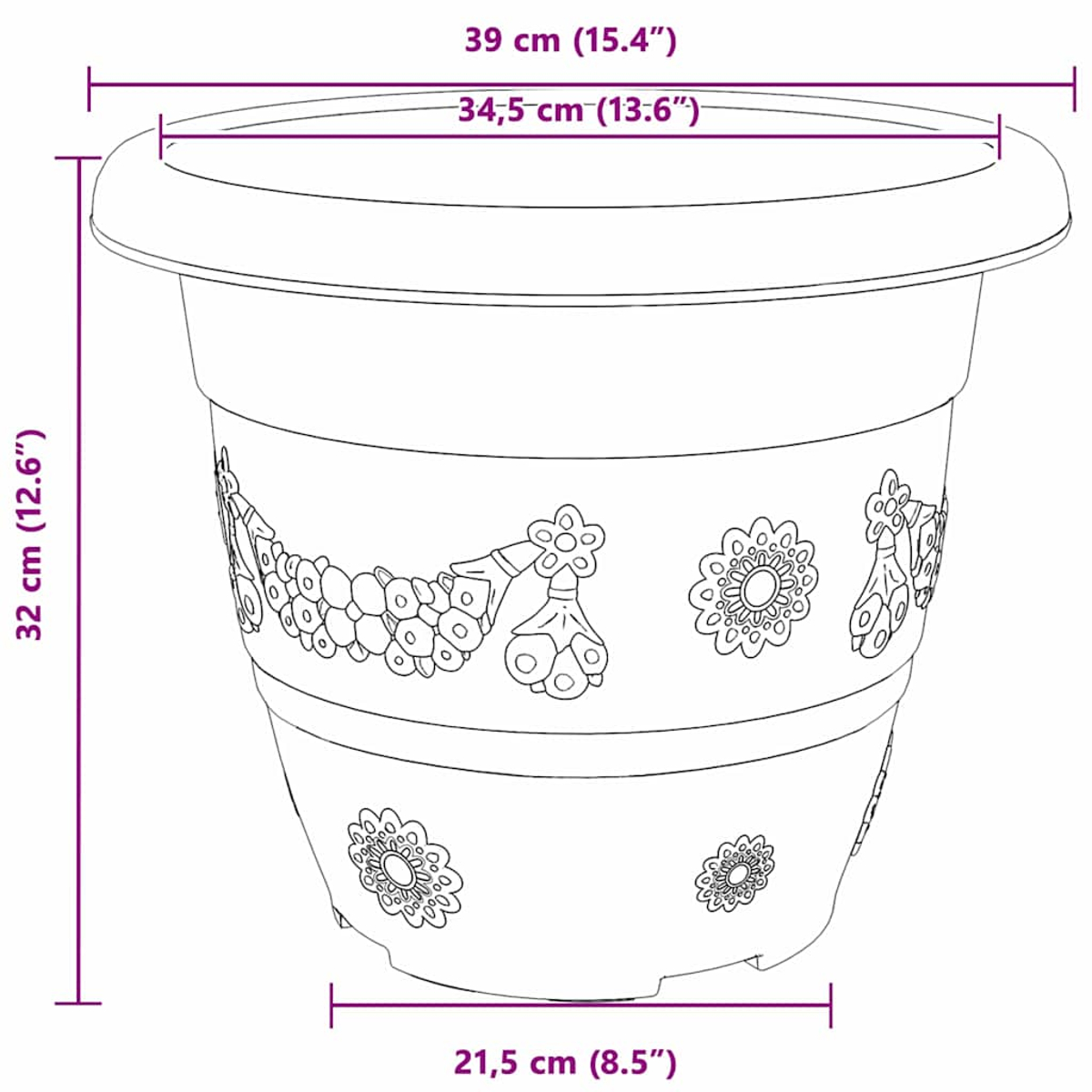 Strichzeichnung eines Blumentopfs mit Blumenmustern und Maßangaben von 39 cm Breite und 32 cm Höhe.