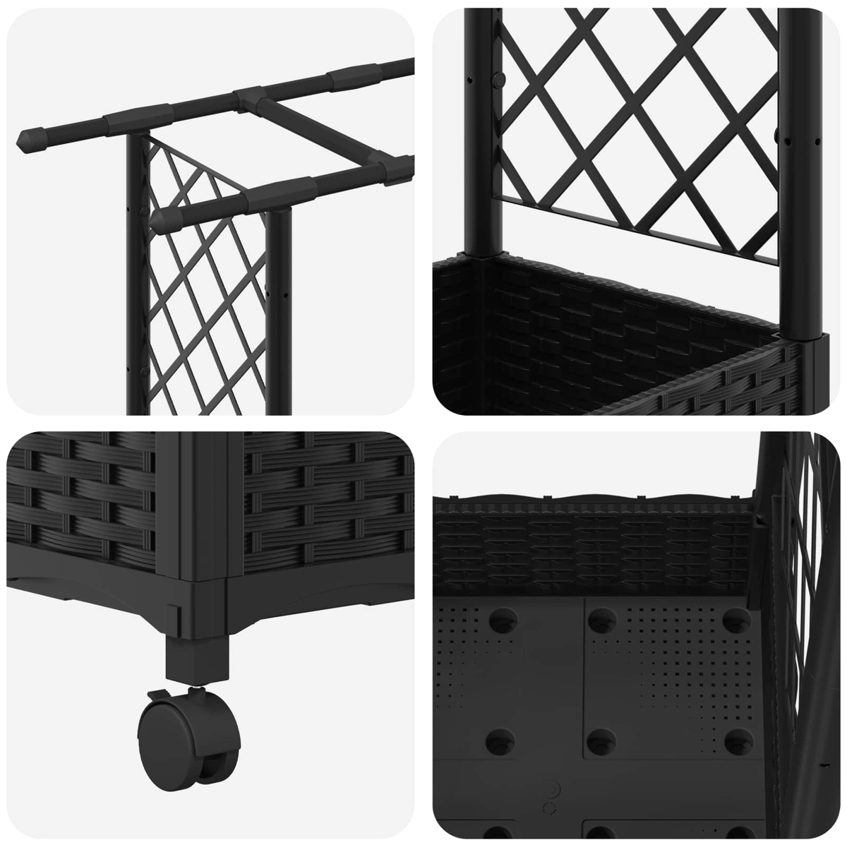 Vierteiliges Bild zeigt Details eines schwarzen Pflanzkübels mit Rankgitter, Rollen und Bodenplatten.