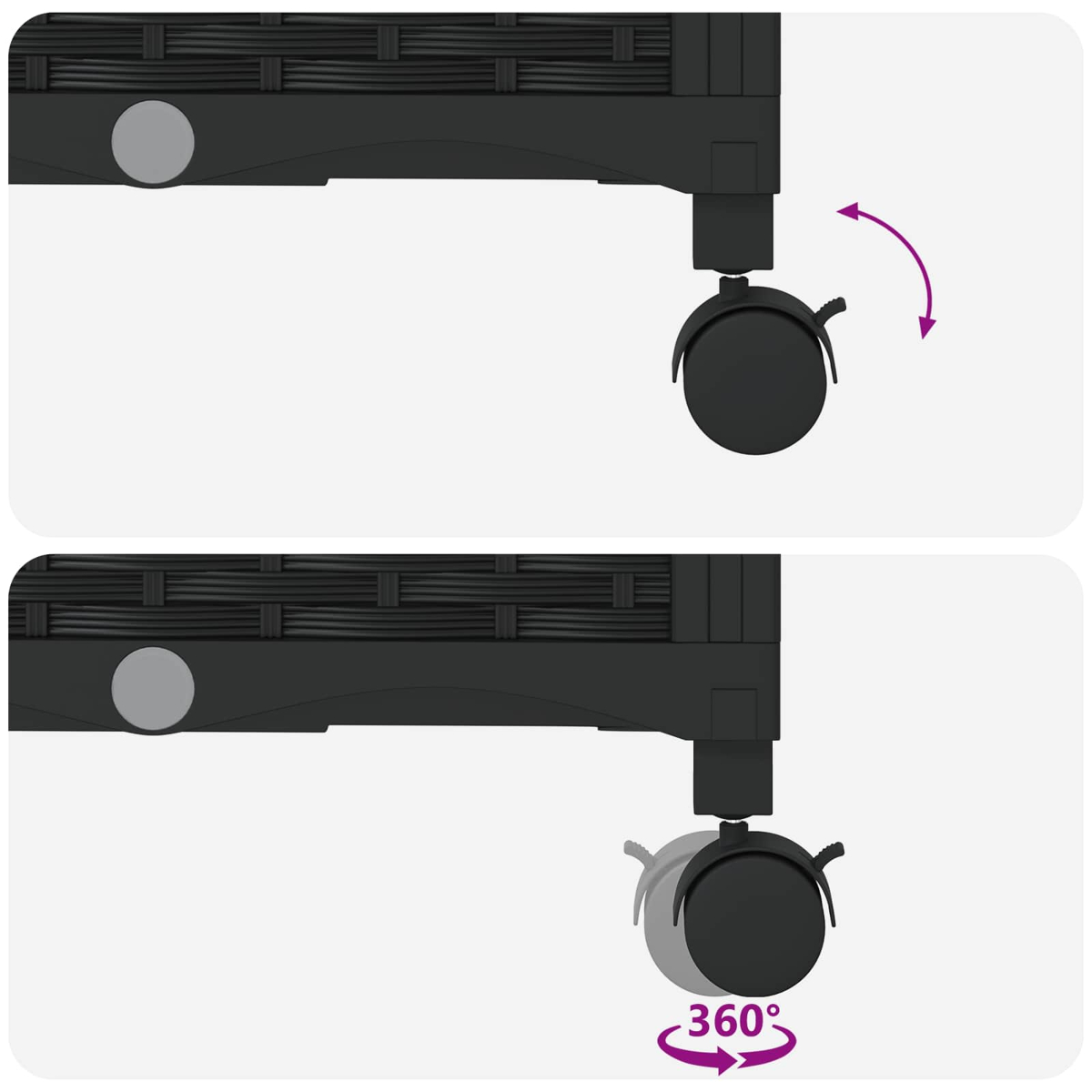 Zwei schwarze Paneele mit einer um 360 Grad drehbaren Möbelrolle.