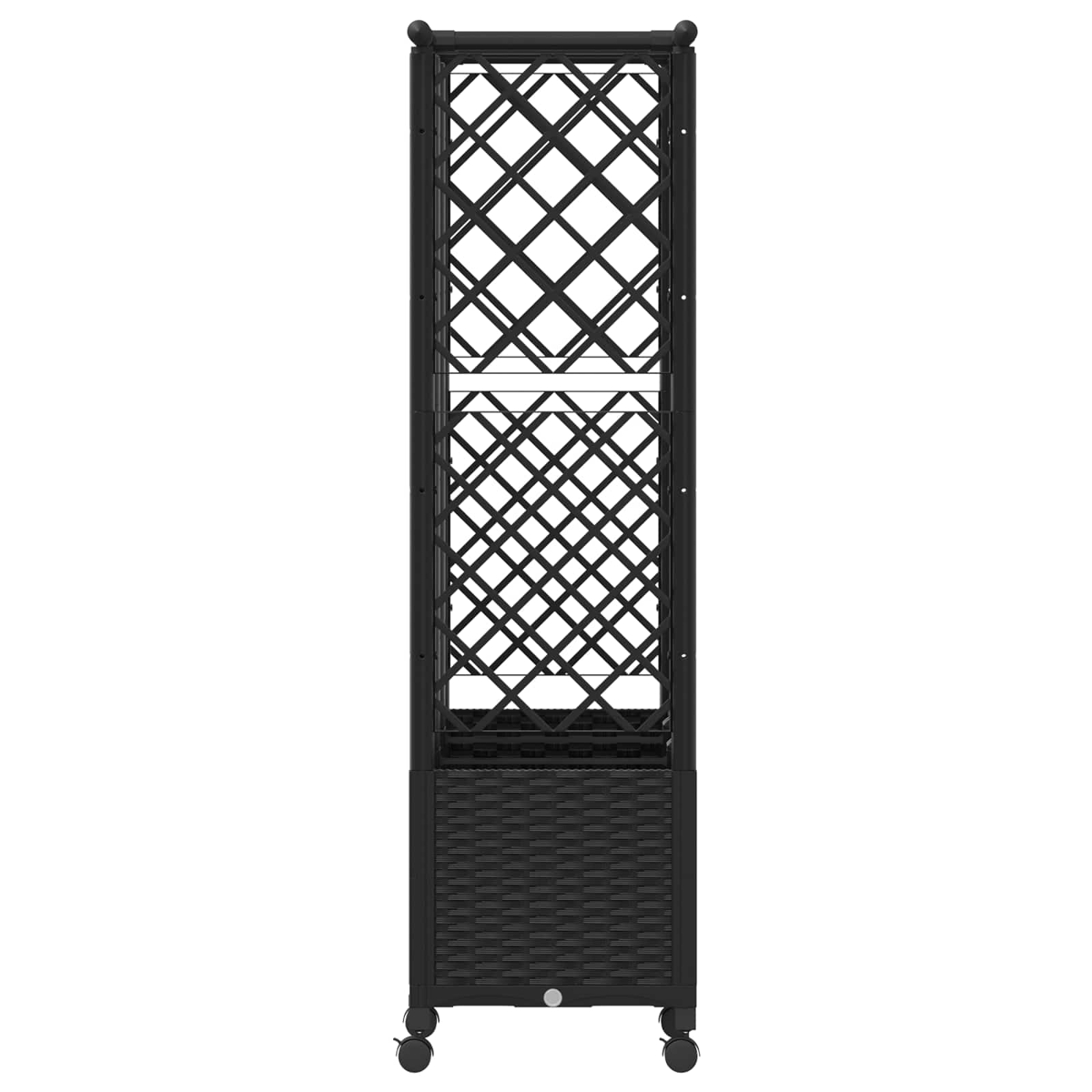 Schwarzes Weinregal auf Rollen mit gekreuzten Gittern.