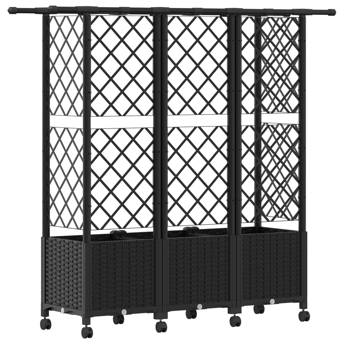 Schwarze Garten-Trellis mit Pflanzkästen und Rollen.