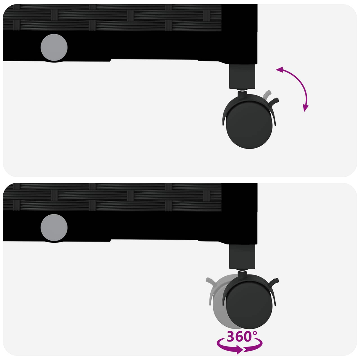 Zwei Diagramme zeigen einen Möbelroller mit arretierbarer Funktion und 360-Grad-Drehung.