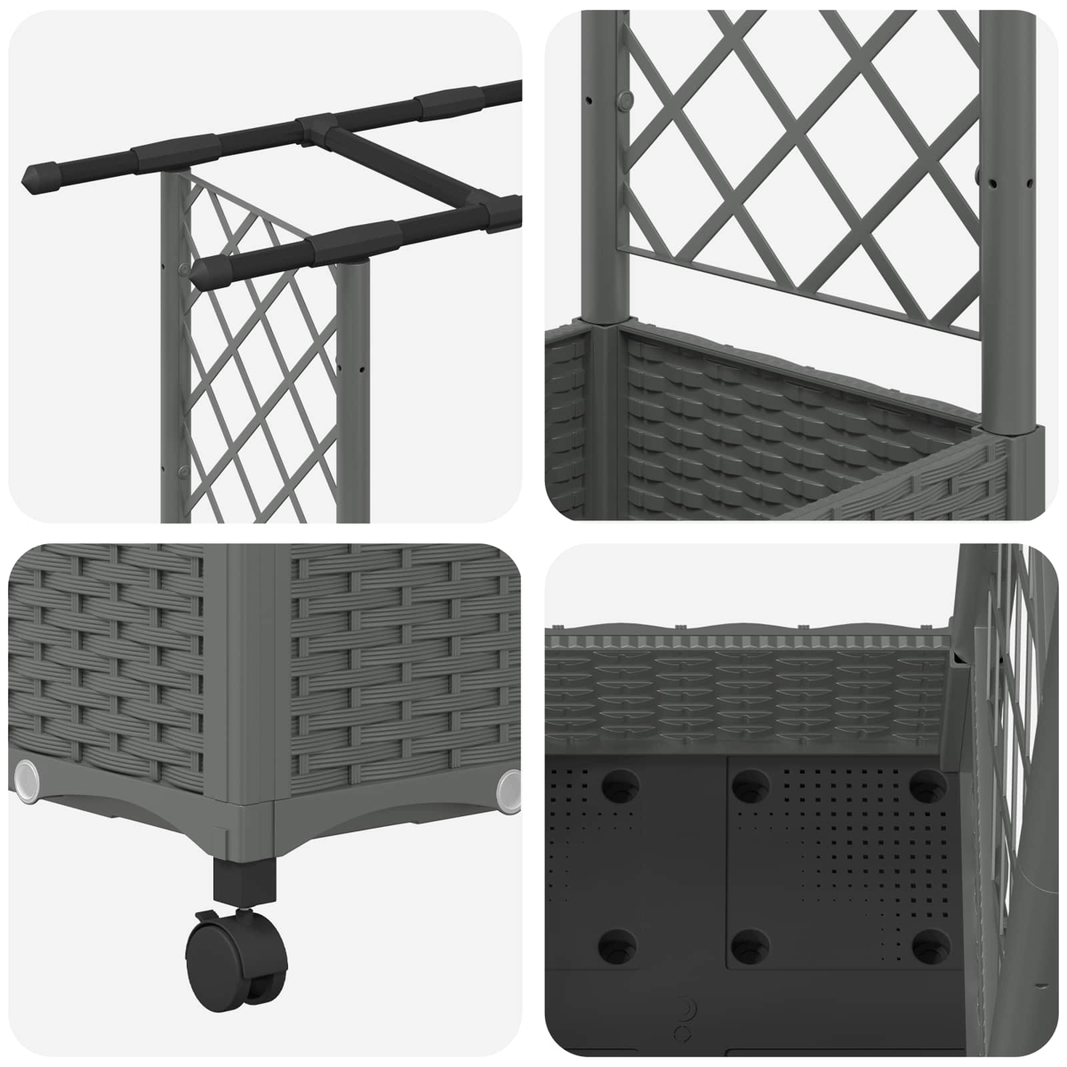 Grauer Rattankübel mit Rahmen, Trellis und Rollen.