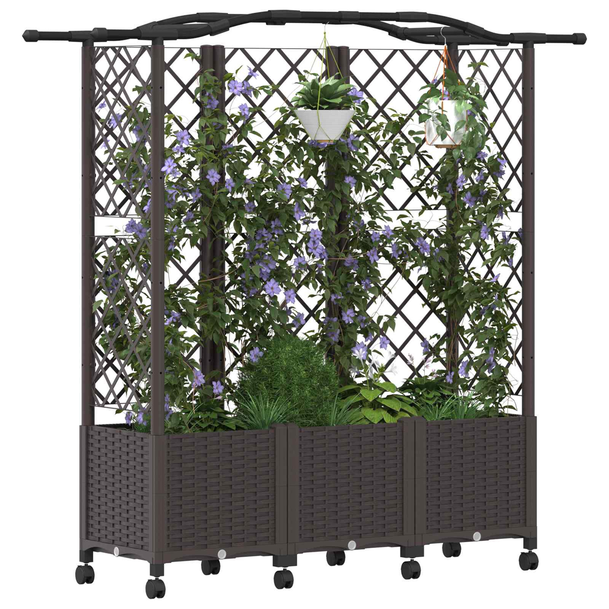 Ein brauner Blumenkasten mit hohem Rankgitter, bedeckt mit lila Kletterblumen und zwei H Töpfen.
