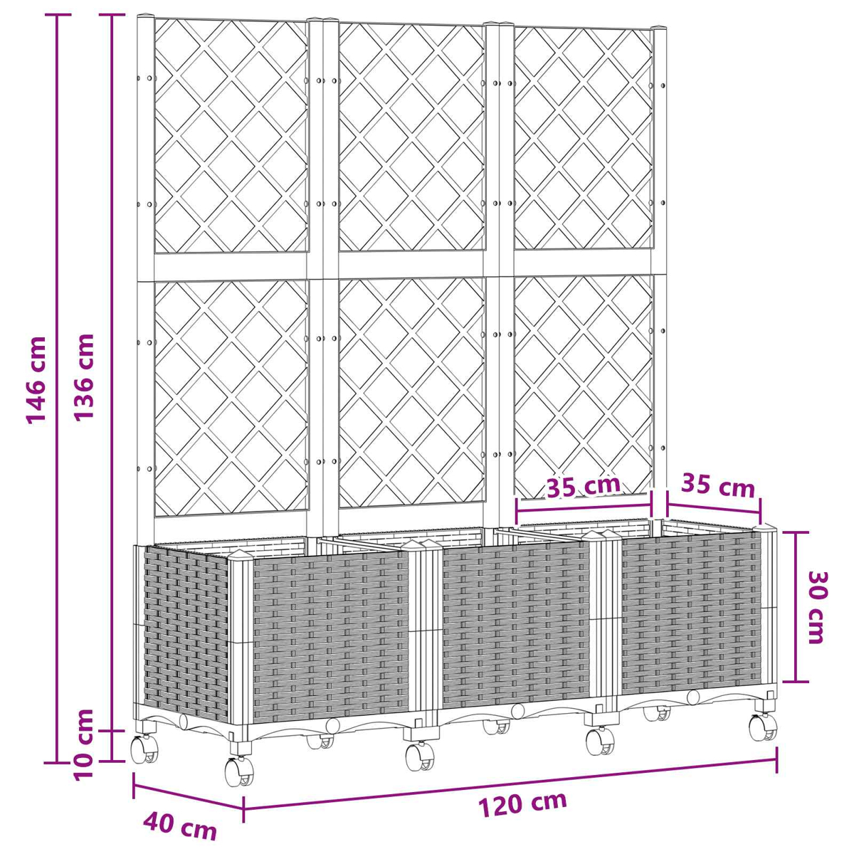 Linienzeichnung eines fahrbaren Pflanzkübels mit Rankgitter, Maße: 120x40x146 cm.
