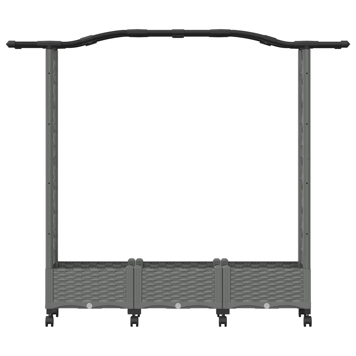Grauer Gartenbogen aus Rattanoptik mit drei integrierten Pflanzkästen auf Rollen.