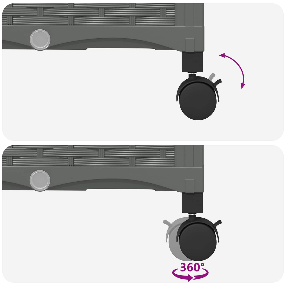Diagramm zeigt eine um 360 Grad drehbare Möbelrolle an einer Rattan-Box.