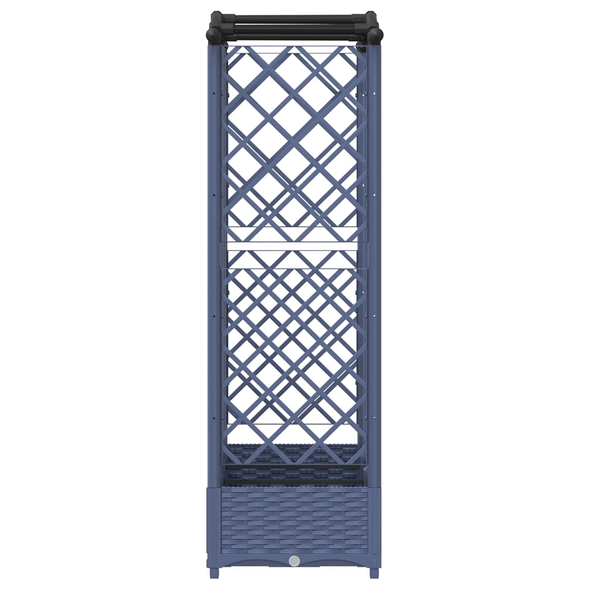 Ein hoher blauer Rankkasten mit integriertem Pflanzkübel und diagonalem Gitterdesign vor weißem Hintergrund.