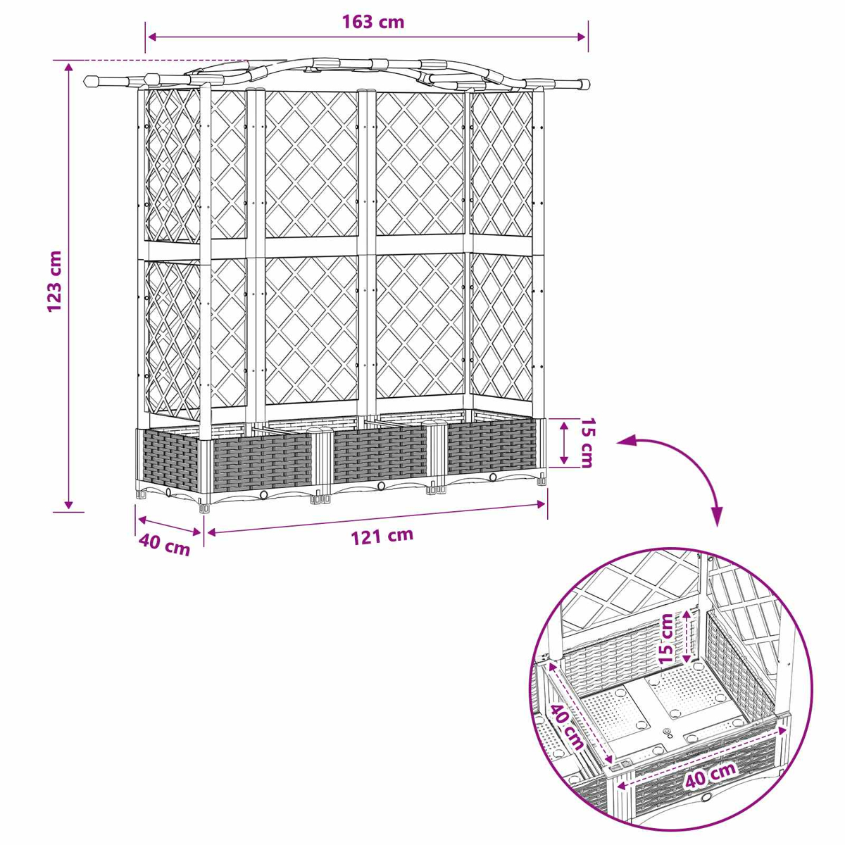Diagramm eines Gartenspaliers mit den Maßen 163x123x40 cm und geflochtenem Pflanzgefäß.