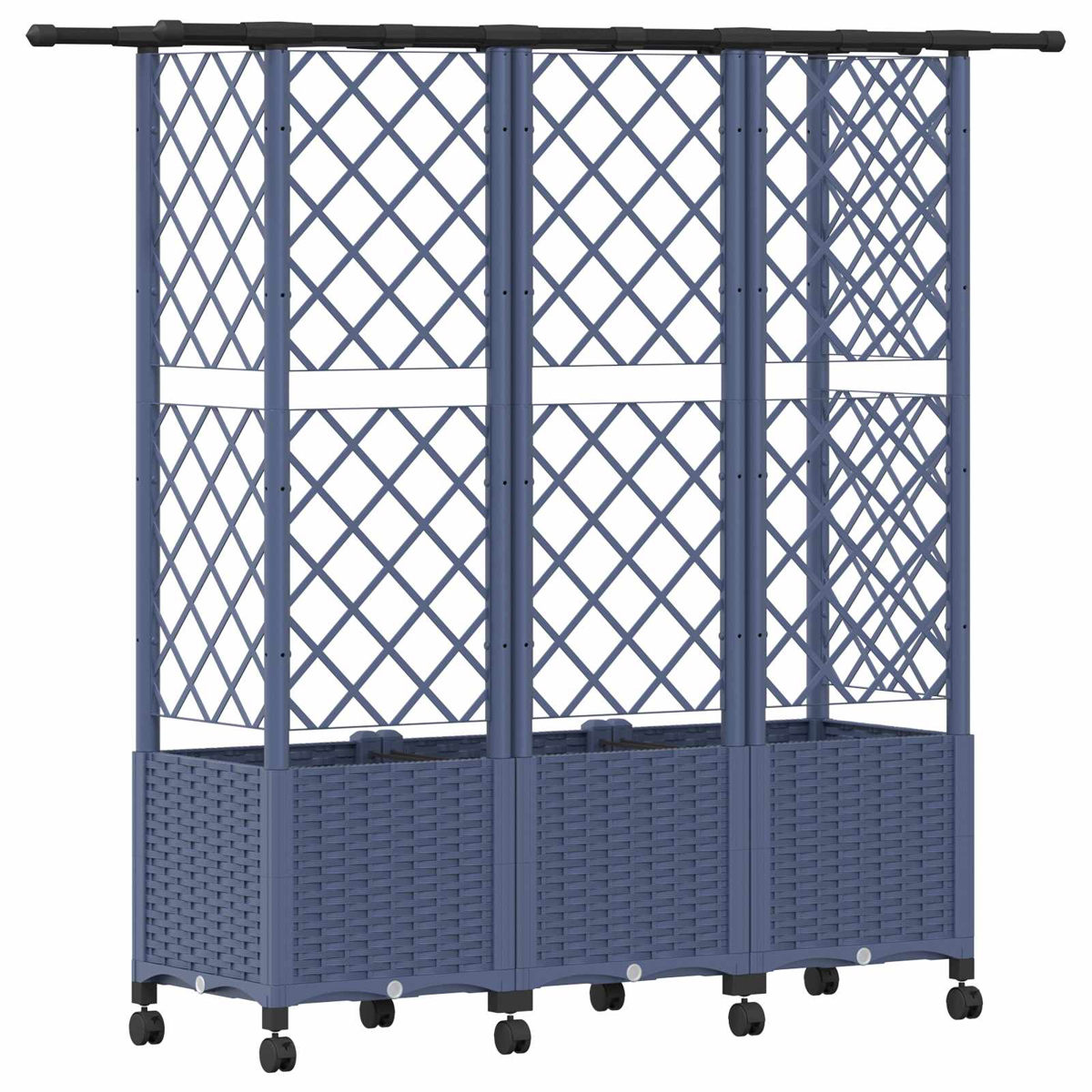 Blaue Rankhilfe mit drei Pflanzkästen und Rollen auf weißem Grund.