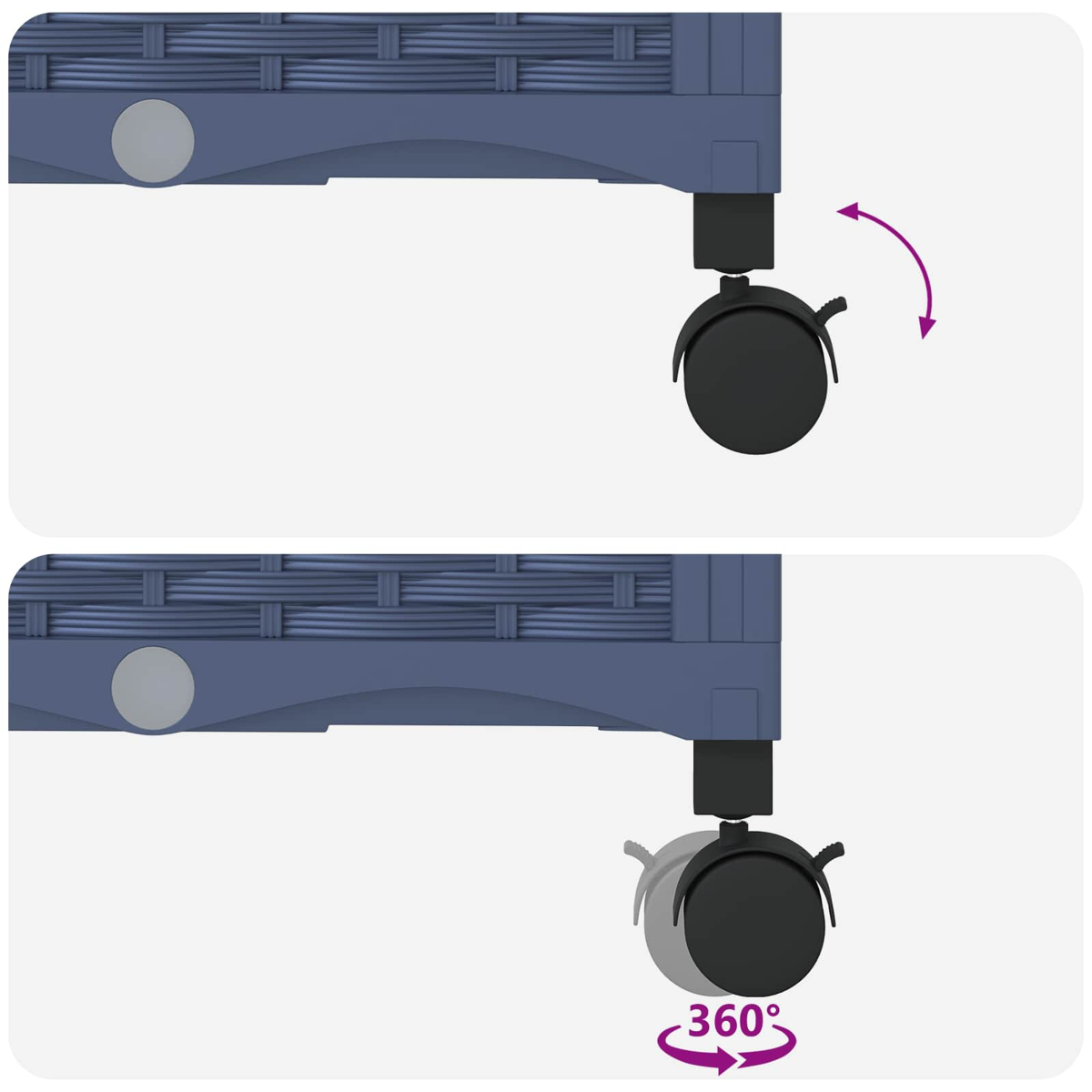 Zwei Diagramme eines blauen Möbelstücks mit schwarzer Lenkrolle, die 360-Grad-Drehfähigkeit zeigen.