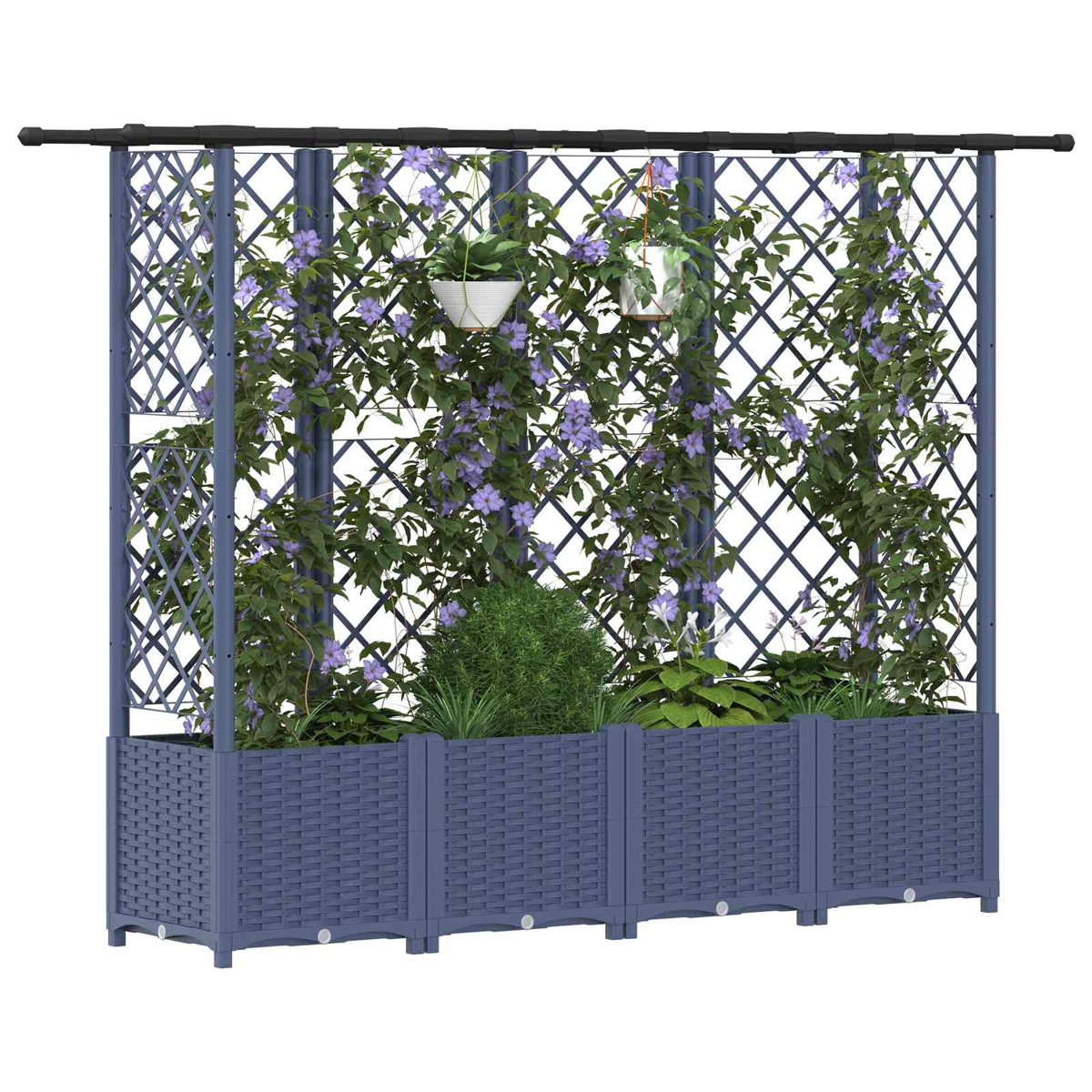 Ein blauer Rankkasten mit integriertem Gitter, bepflanzt mit üppigem Grün und violetten Blüten.
