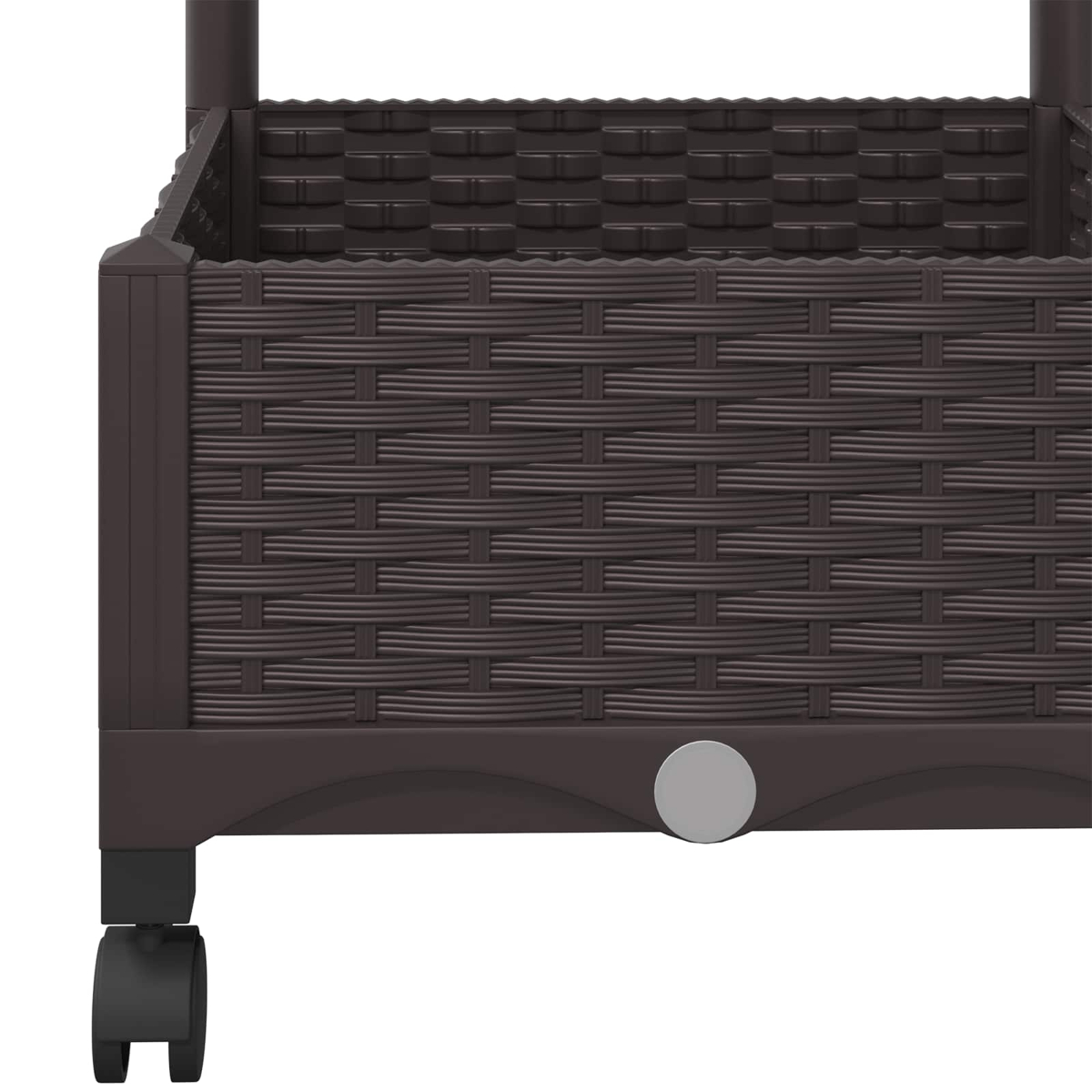Brauner, geflochtener Kunststoff-Mehrzweckwagen mit Rollen und einem weißen, kreisförmigen Detail an der Seitenwand.