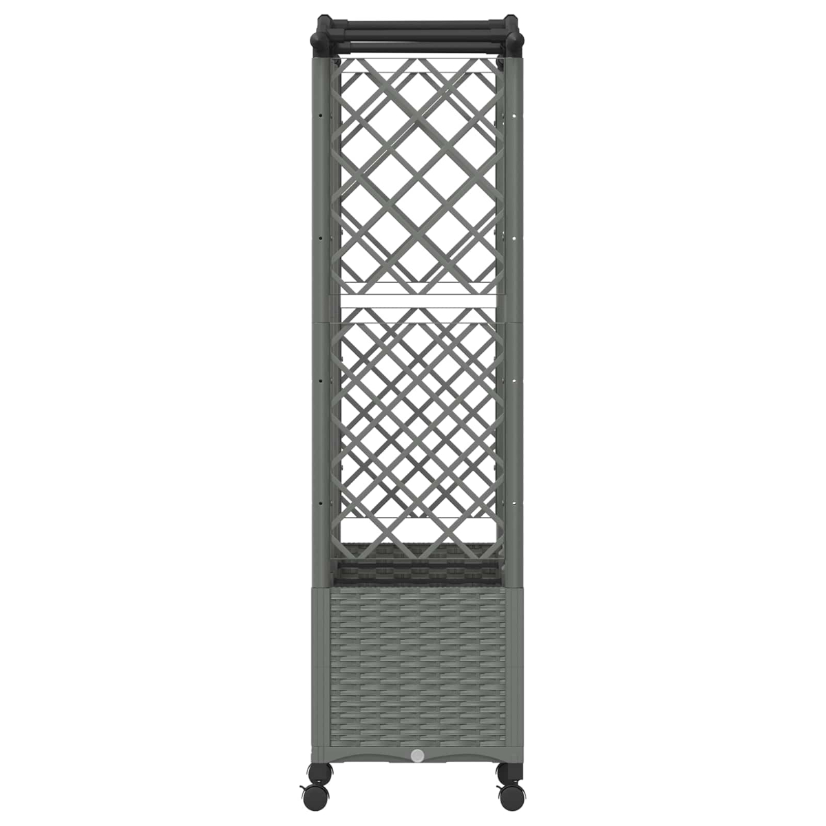 Ein graues Gartenregal auf Rollen mit zwei Gitterfächern oben und einem Rattankorb unten.