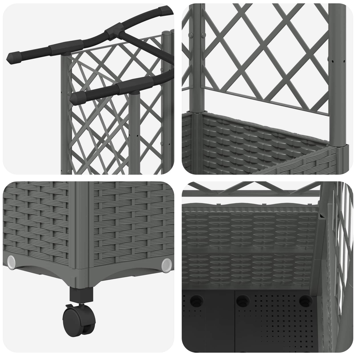Vier Detailaufnahmen eines grauen Pflanzkastens mit Gitter, Rollen und strukturierter Rattankunststoff-Optik.
