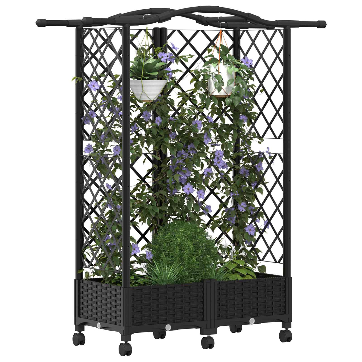 Schwarzes Rankgitter mit Pflanzkübel auf Rollen, bewachsen mit grünen Pflanzen und violetten Blüten.