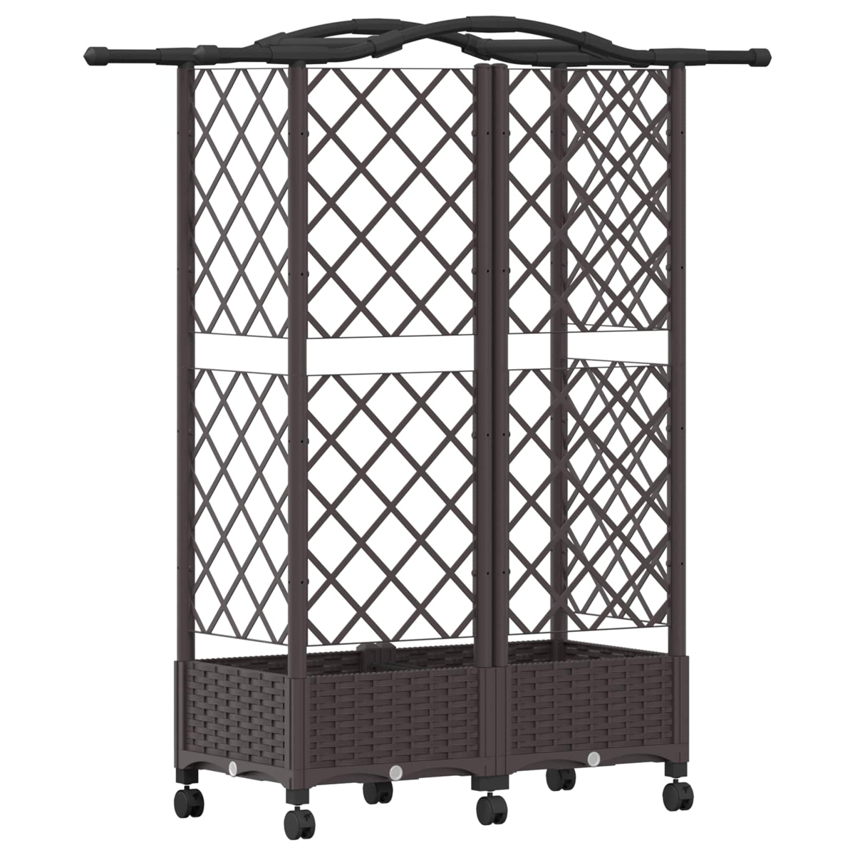 Ein braunes Garten-Spalier aus Rattan mit integrierten Pflanzkästen und Rollen.