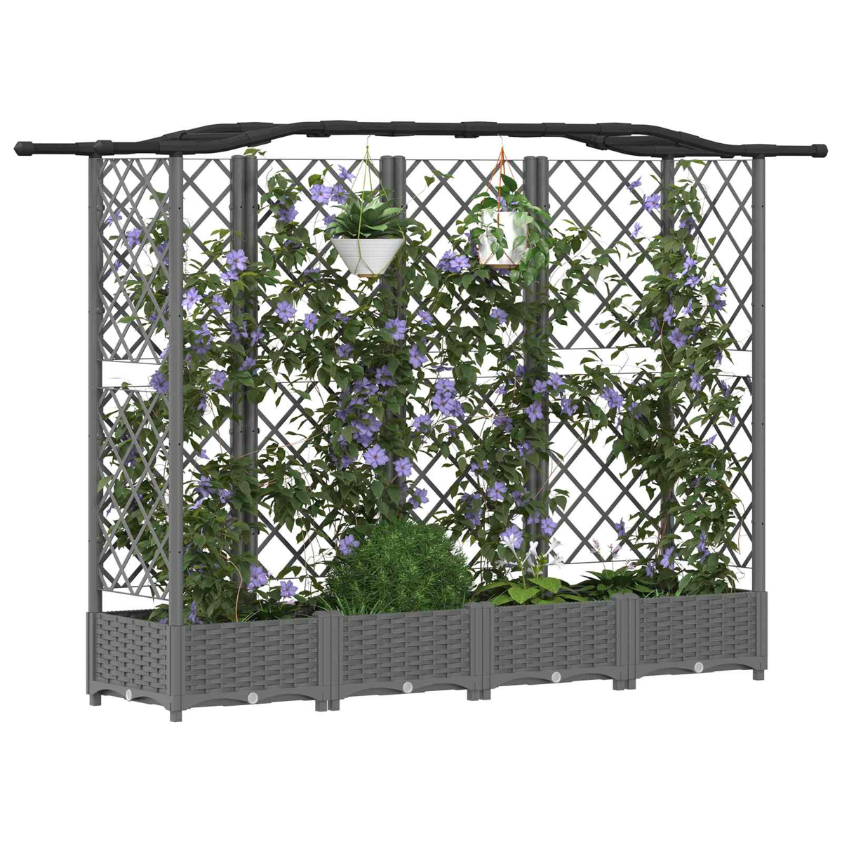 Graues Garten-Rankgitter aus Kunststoff mit integrierten Pflanzkästen und Kletterpflanzen mit lila Blüten.