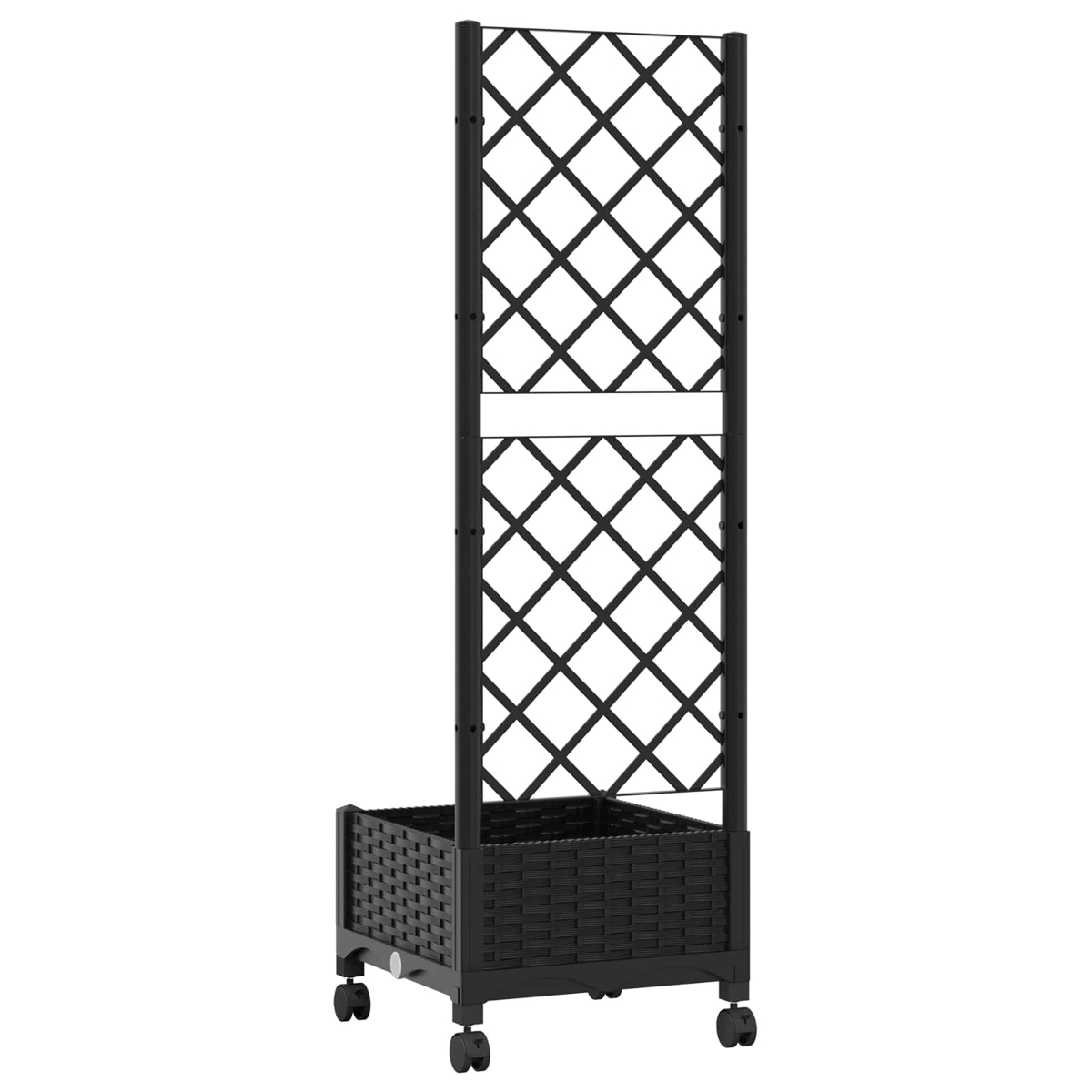 Schwarzer Rattan-Pflanzkübel mit Rollen und hohem Spalier auf weißem Hintergrund.