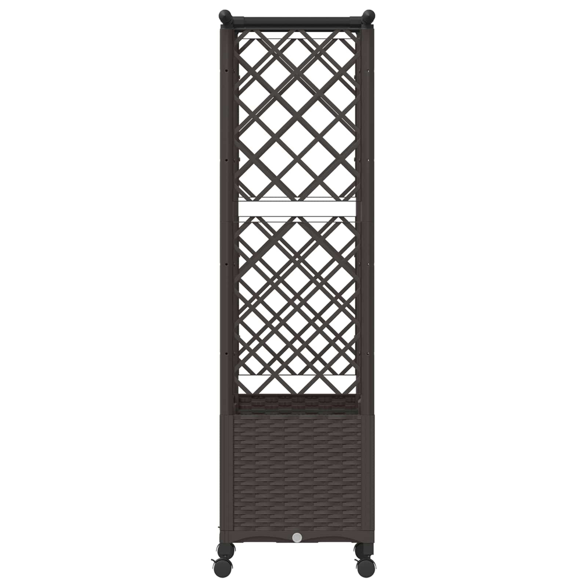 Braunes Rankgitter aus Polyrattan mit Rollen auf weißem Hintergrund.