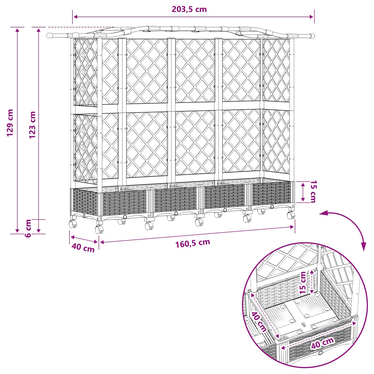 Diagramm mit den Maßen eines rechteckigen Gartenpflanzgefäßes mit Rankgitter und Rollen.