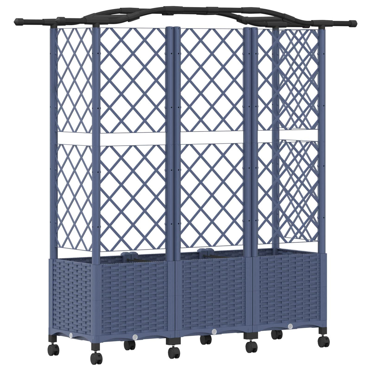 Ein blauer mobiler Pflanzkübel mit Rankgitter und Bogen auf Rollen.