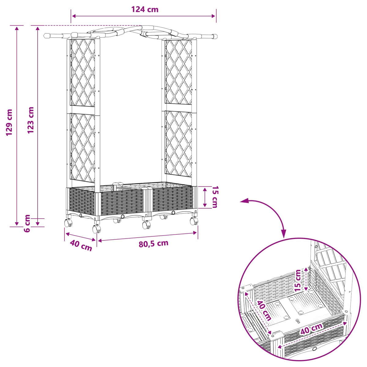 Technische Zeichnung eines Gartenpflanzers mit Spalier und Maßen in cm, mit Rollenbasis und Inset-Ansicht.