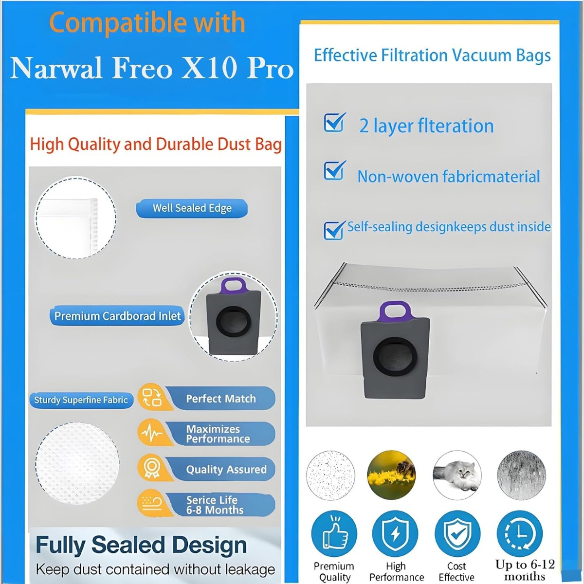 Produktwerbung für Narwal Freo X10 Pro Staubsaugerbeutel mit versiegelten Kanten und langlebigem Vliesstoff.