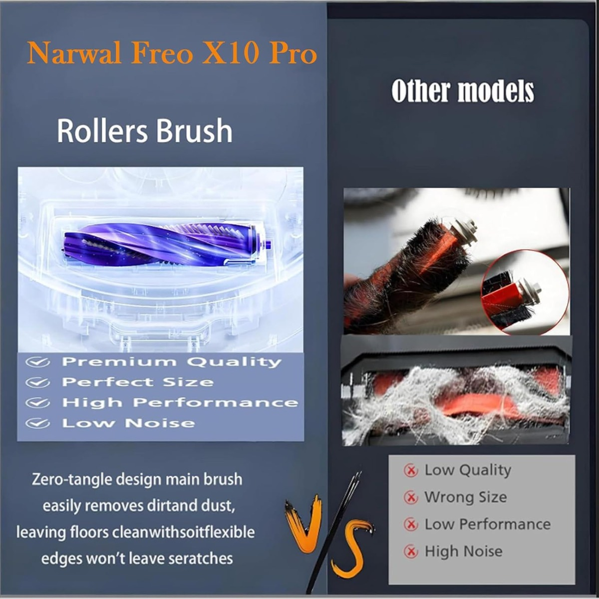 Vergleich der Narwal Freo X10 Pro Rollerbürste mit anderen Modellen, zeigt Haarverfilzung und Qualität.