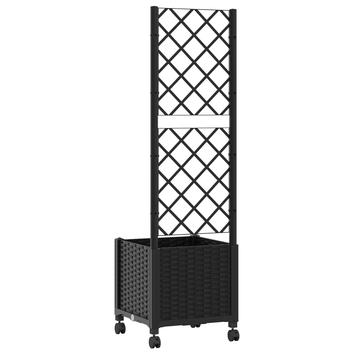 Ein schwarzer Rattan-Pflanzkübel mit hohem Rankgitter auf Rollen, freigestellt auf weißem Grund.