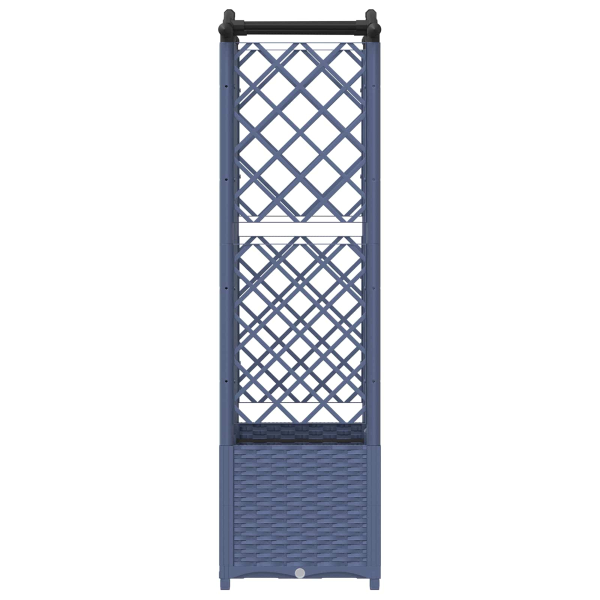 Blaue Gartenrankhilfe mit Pflanzkübel und Rattan-Optik.