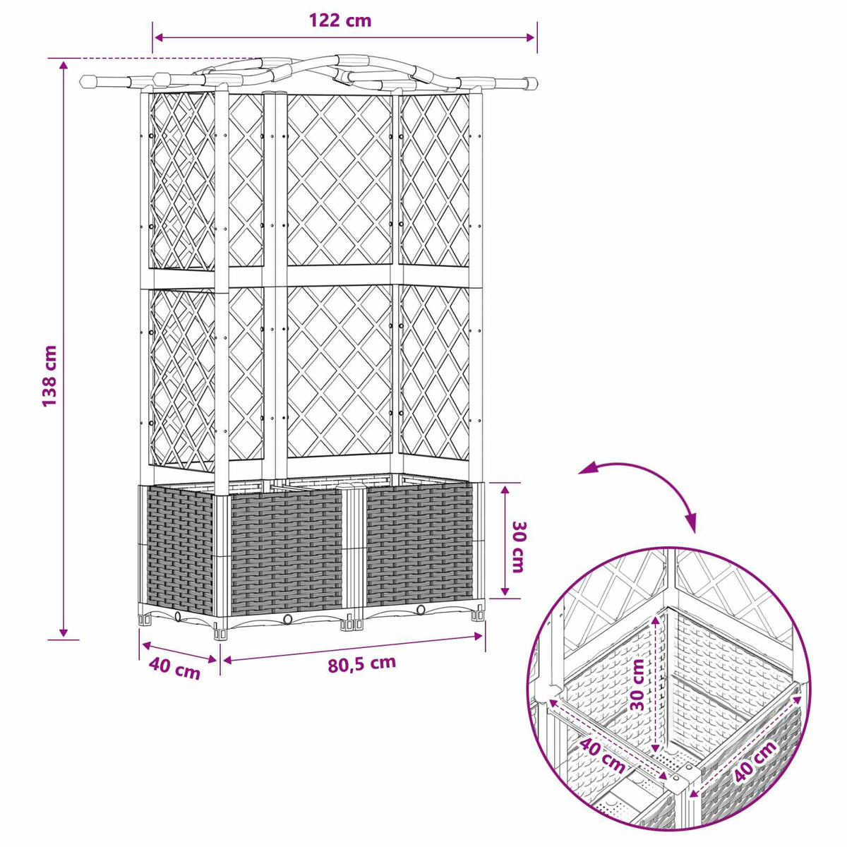 Diagramm eines Garten-Rankgitters mit Pflanzkasten inklusive Maßangaben in Zentimetern.