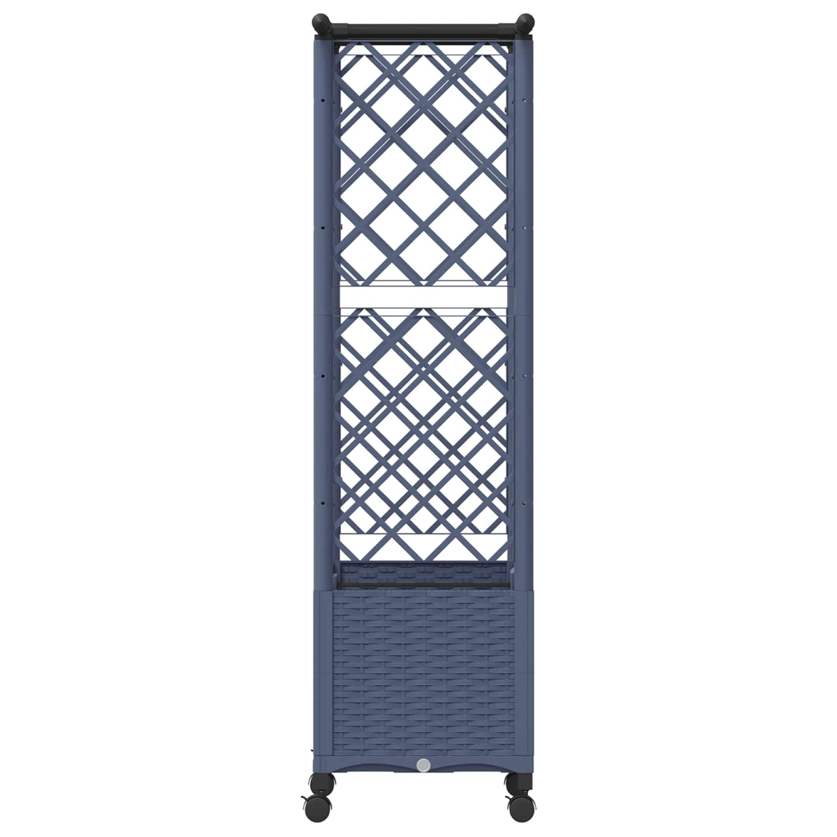 Ein blauer Rankturm aus Rattan-Optik mit Rollen und rautenförmigem Gitter auf weißem Grund.
