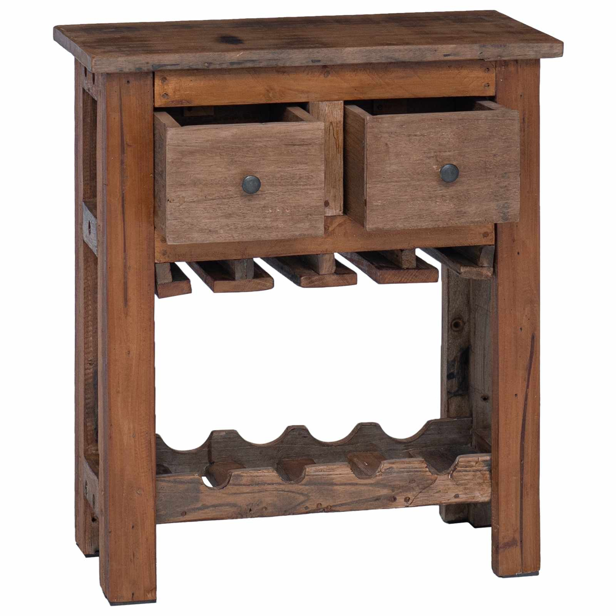Rustikaler Holztisch mit zwei offenen Schubladen und Weinregal unten.