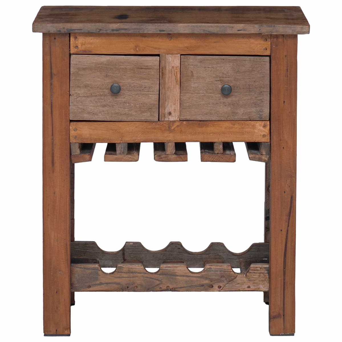 Ein rustikaler Holztisch mit zwei Schubladen oben und Weinregalen unten.
