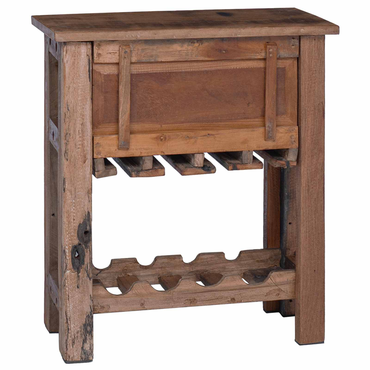 Rustikaler Holztisch mit oberem Fach, Hängehaltern und unterem Weinregal.