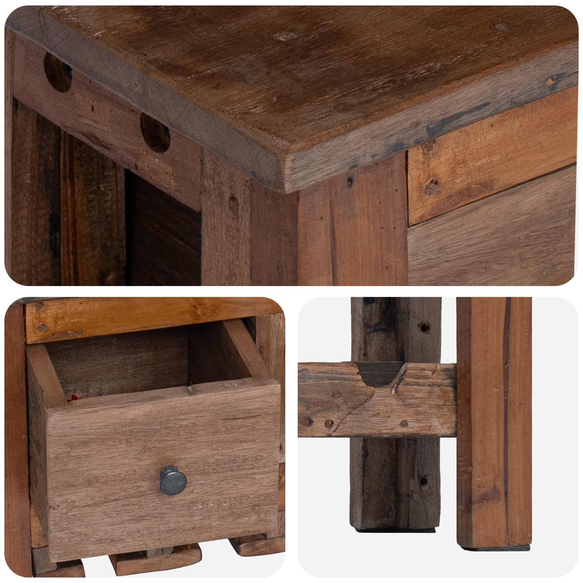 Dreiteiliges Bild zeigt die Holplatte, geöffnete Schublade mit Knopf und Beine eines rustikalen Holzmöbels.