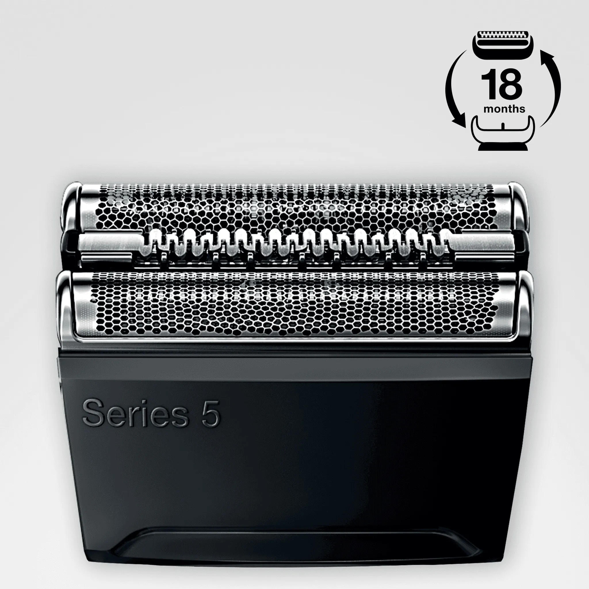 Ersatzscherkopf für Series 5 Rasierer mit einem 18-Monats-Symbol oben rechts.