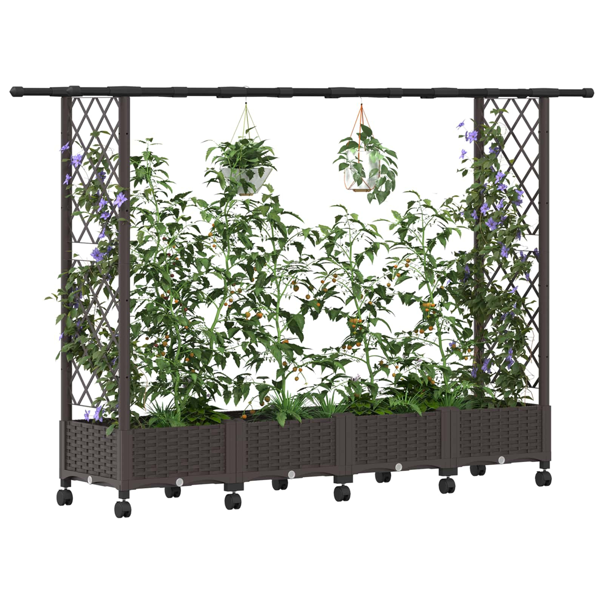 Ein braunes Hochbeet auf Rädern mit Rankgitter, Tomatenpflanzen und zwei Hängestöpfen.