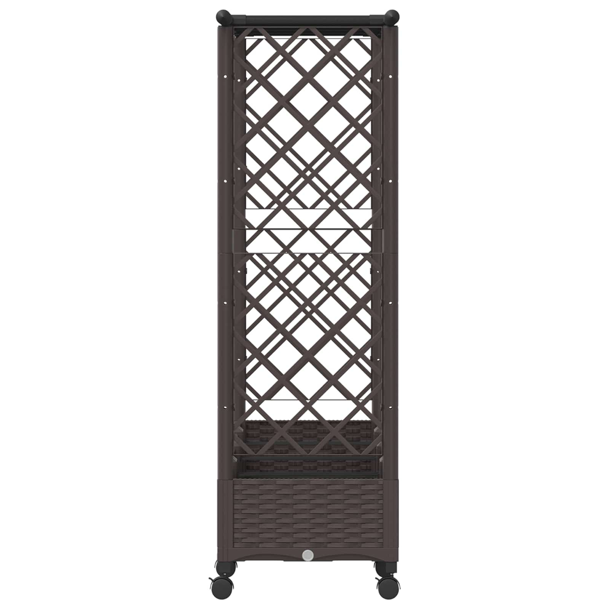 Braunes Weinregal aus Rattan mit Kreuzmuster und Rollen.