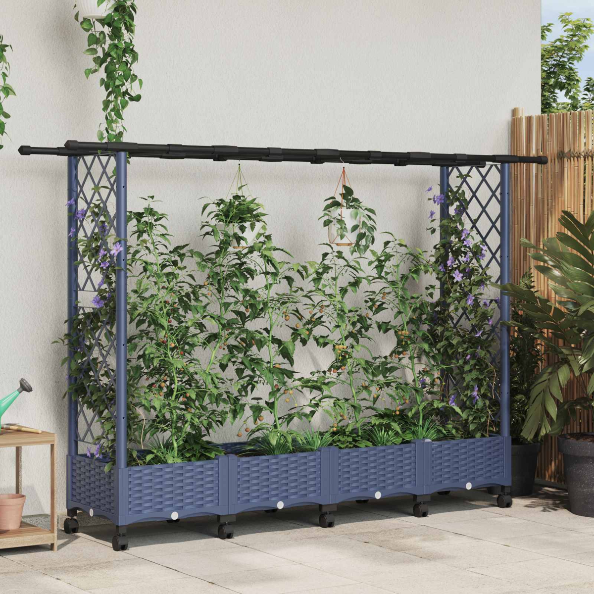 Ein blauer Garten-Pflanzkübel mit Spalier steht auf einer Terrasse, bepflanzt mit Kletterpflanzen und Tomaten.