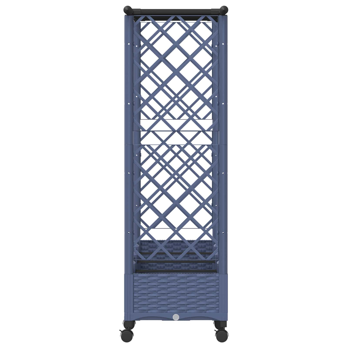 Ein blaues Weinregal aus Rattan-Optik mit einem diagonalen Gittermuster und Rollen an der Unterseite.