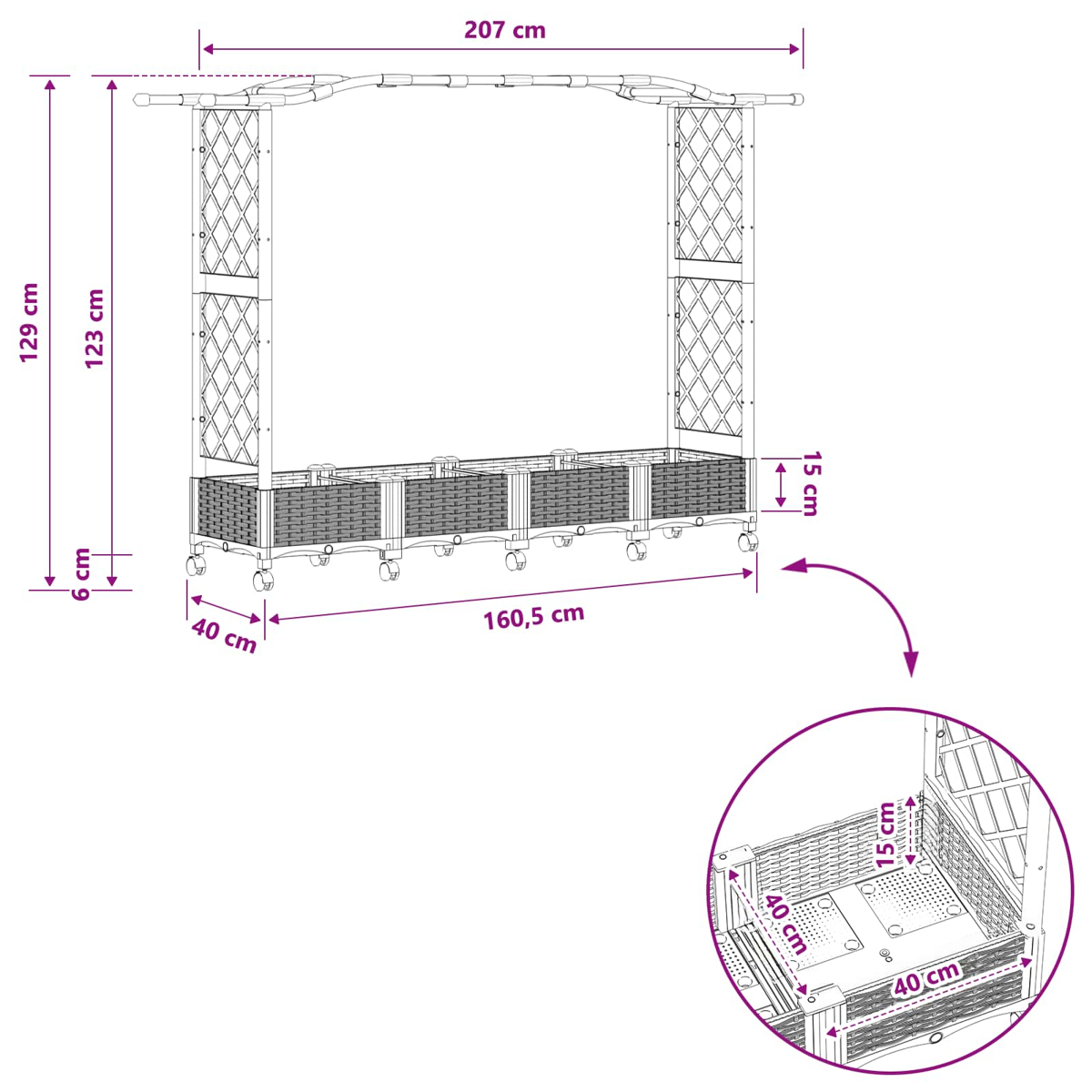Diagramm zeigt Maße eines mobilen Rattan-Pflanzkastens mit Rankgitter, 207 cm breit, 129 cm hoch, mit Detailansicht.