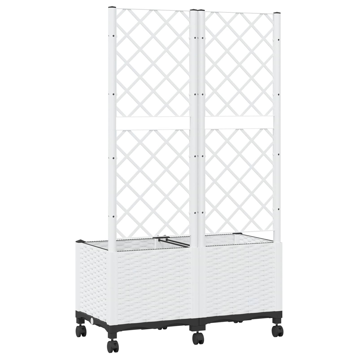 Weißes Rattan-Hochbeet mit hohem Gitter-Spalier auf Rädern vor weißem Hintergrund.