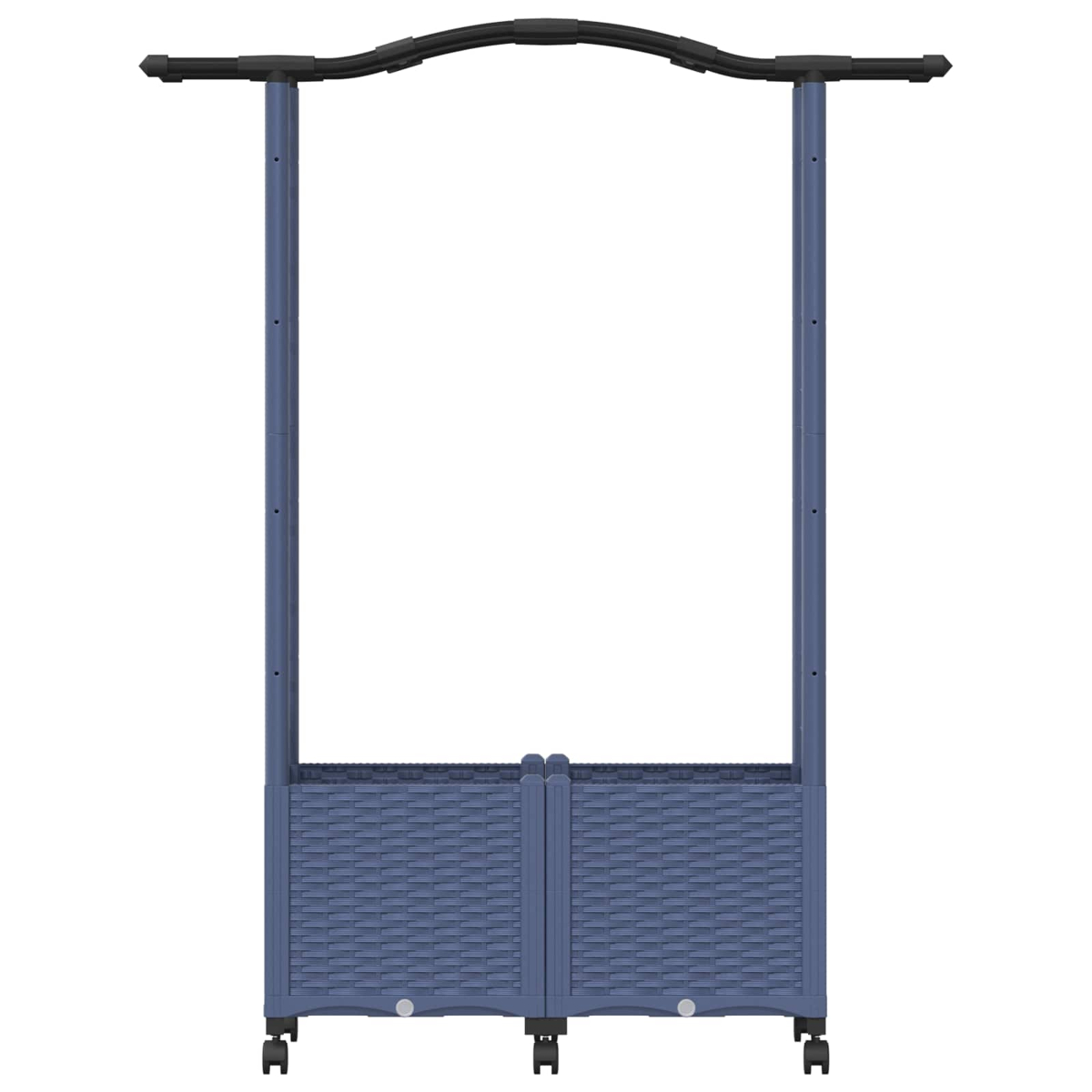 Ein blaues mobiles Hochbeet mit schwarzem Bogenspalier auf Rollen vor weißem Hintergrund.