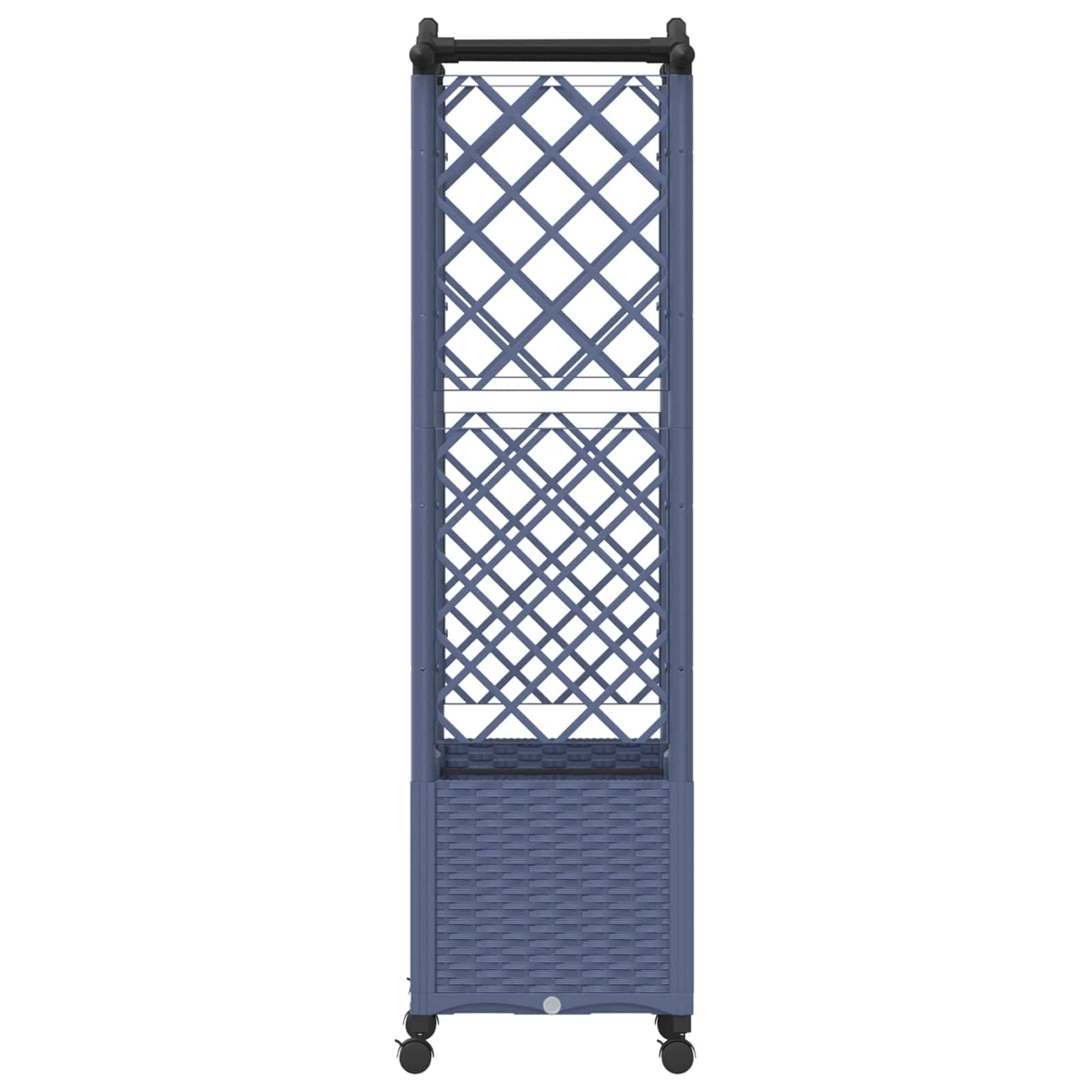 Ein blaues Garten-Spalier auf Rädern mit Gitterdesign und einem Kasten unten.