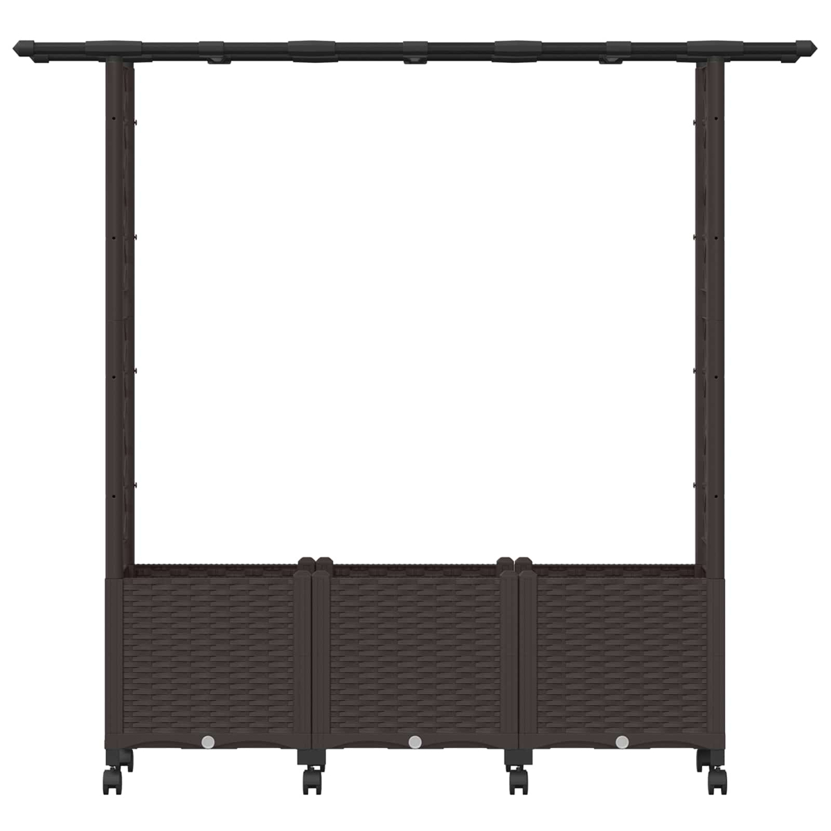Ein brauner Pflanzkasten aus Rattan mit integriertem Spalier und Rollen auf weißem Hintergrund.