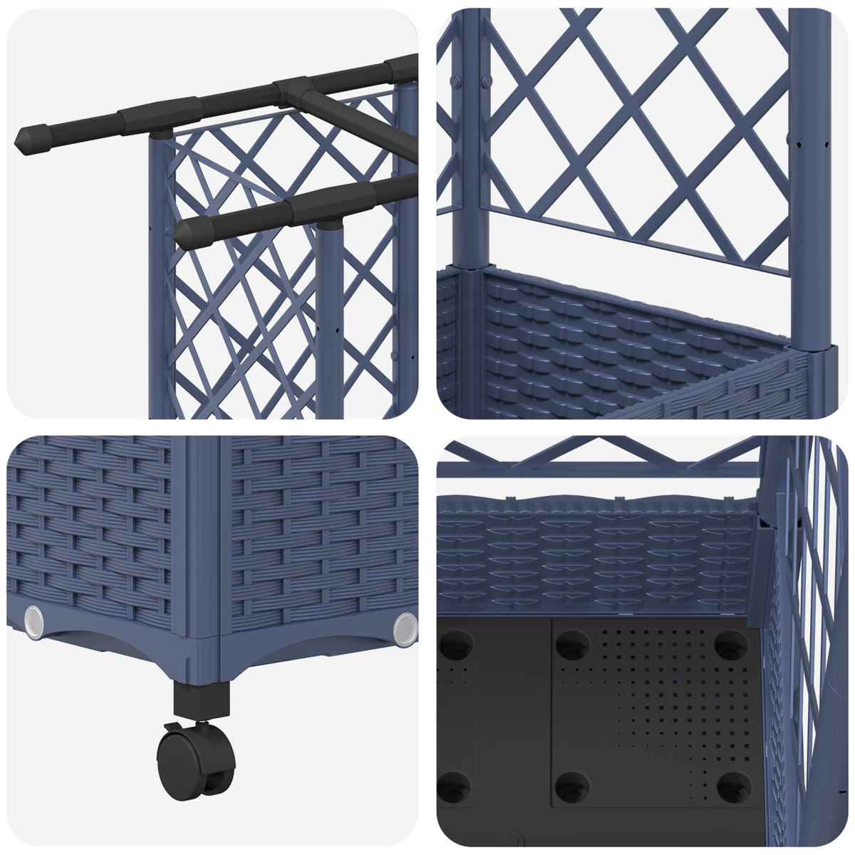Vier Detailaufnahmen eines blauen Gartenbeets mit Rankgitter, Rollen und Boden.