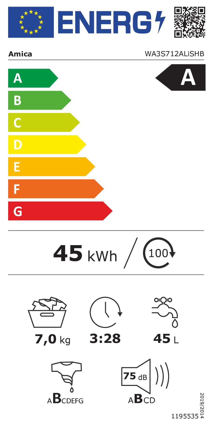 Etykieta energetyczna pralki Amica klasy A, 45 kWh, 7,0 kg, czas 3:28, 45 L i 75 dB.